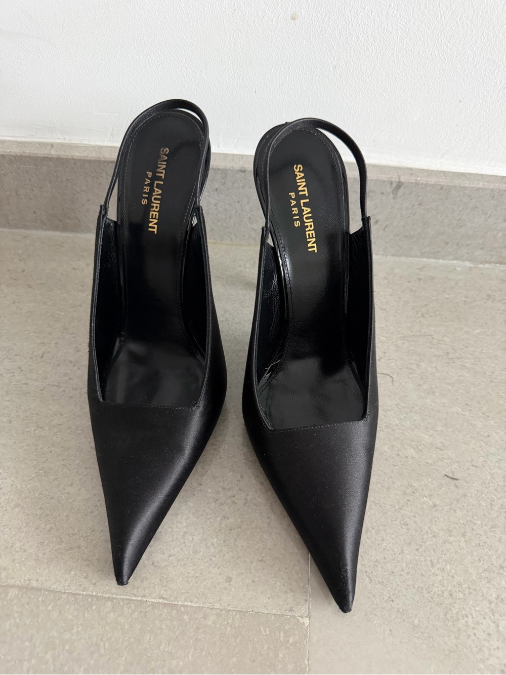 Saint Laurent Black Satin Pointed Slingback Heels